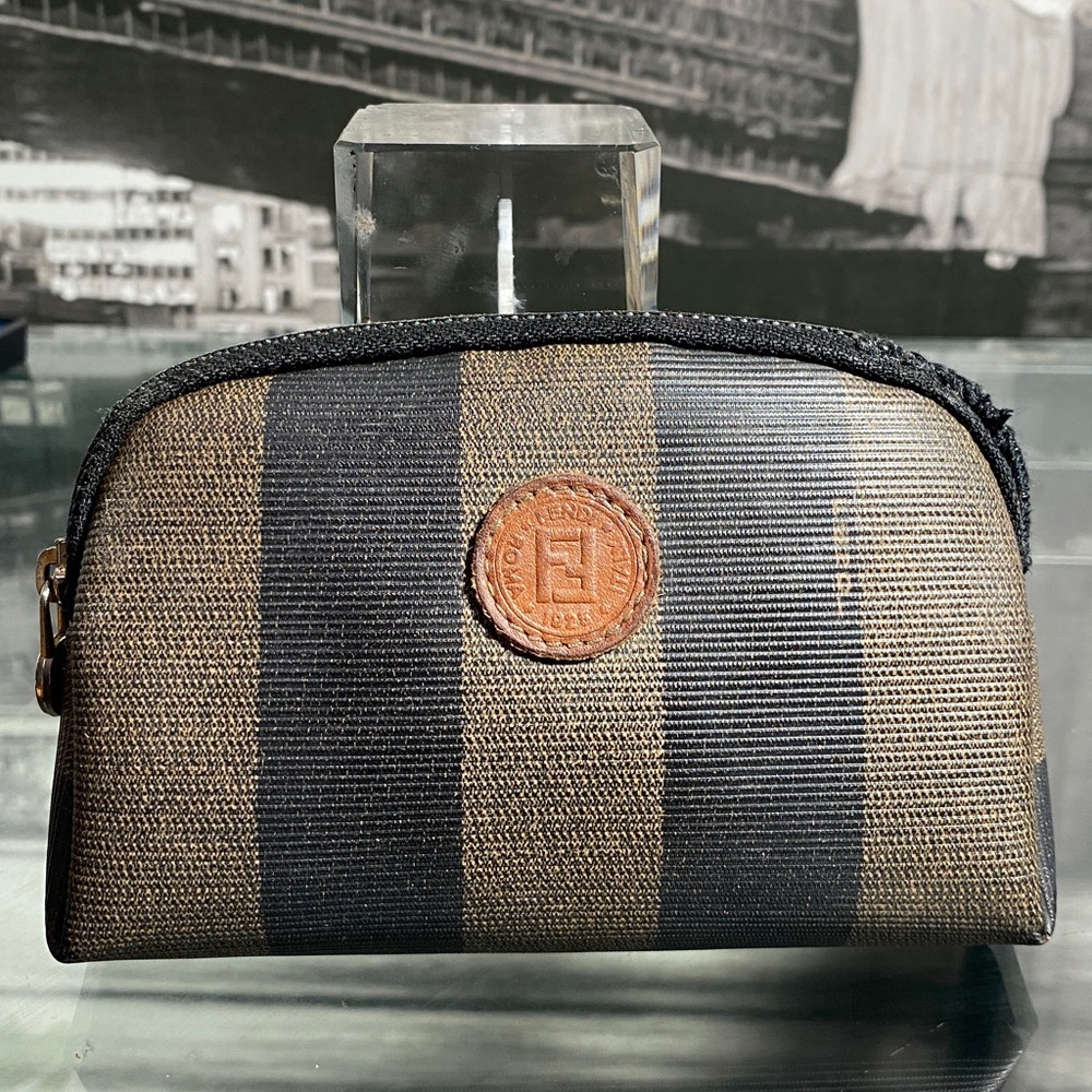 Authentic Fendi Pequin Brown & Black Striped Canvas Pouch - Picture 5 of 16